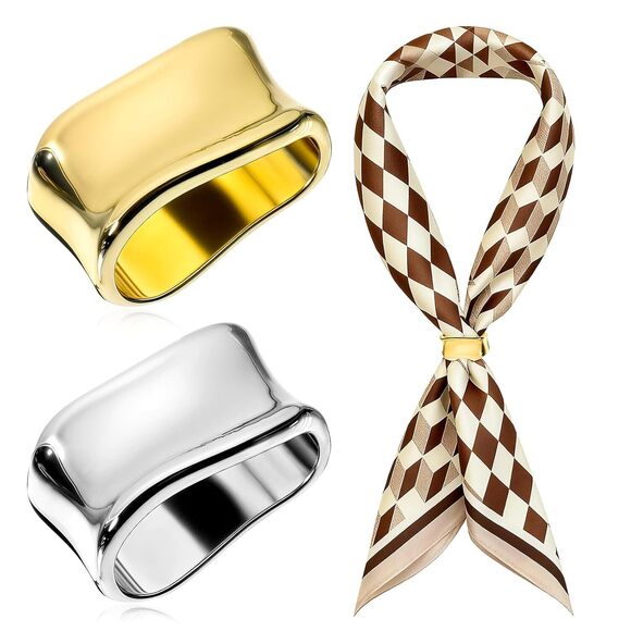Fyntave Jewelry - 2 Pcs Scarf Clip Oblate Silk Scarf Ring Brooch Gold & Silver Metal Clips Shawl